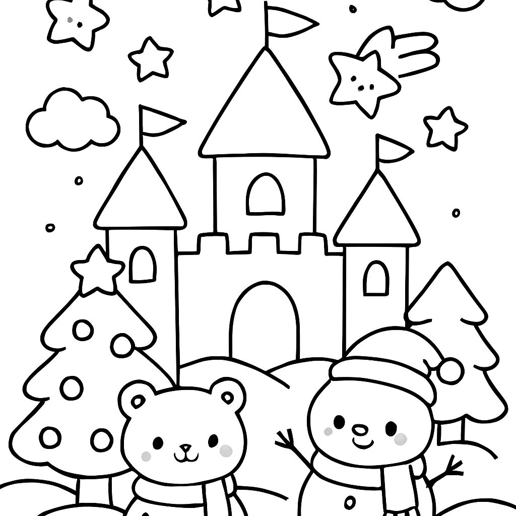 Castello incantato con orsetto e pupazzo di neve da colorare