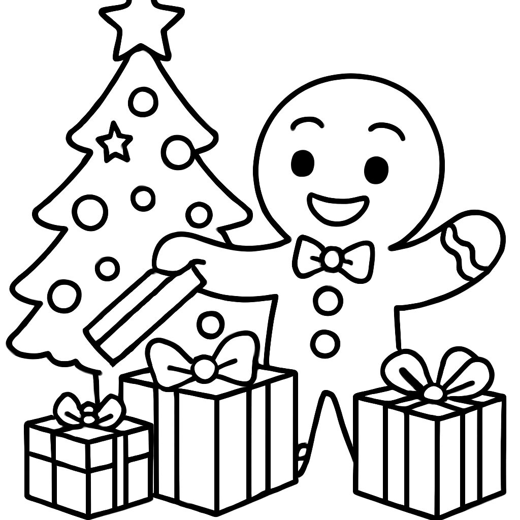 Disegno da colorare di un omino di pan di zenzero con regali e albero