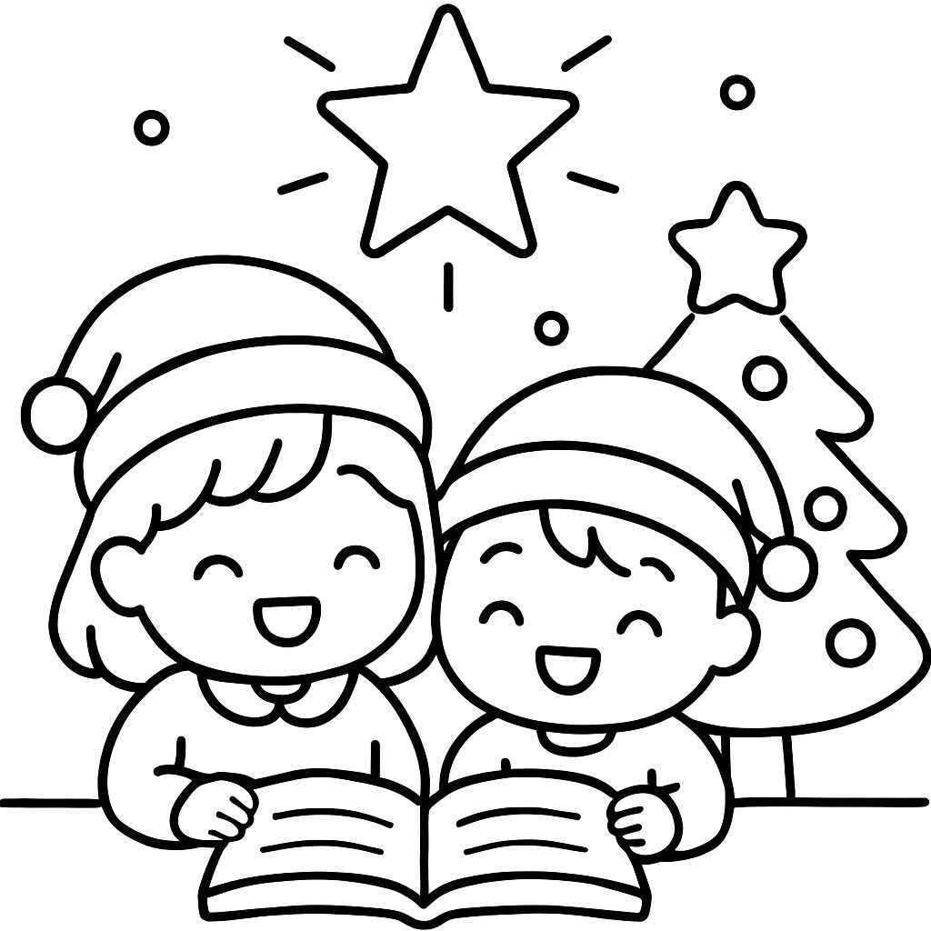 Bambini felici leggono un libro sotto l’albero di Natale