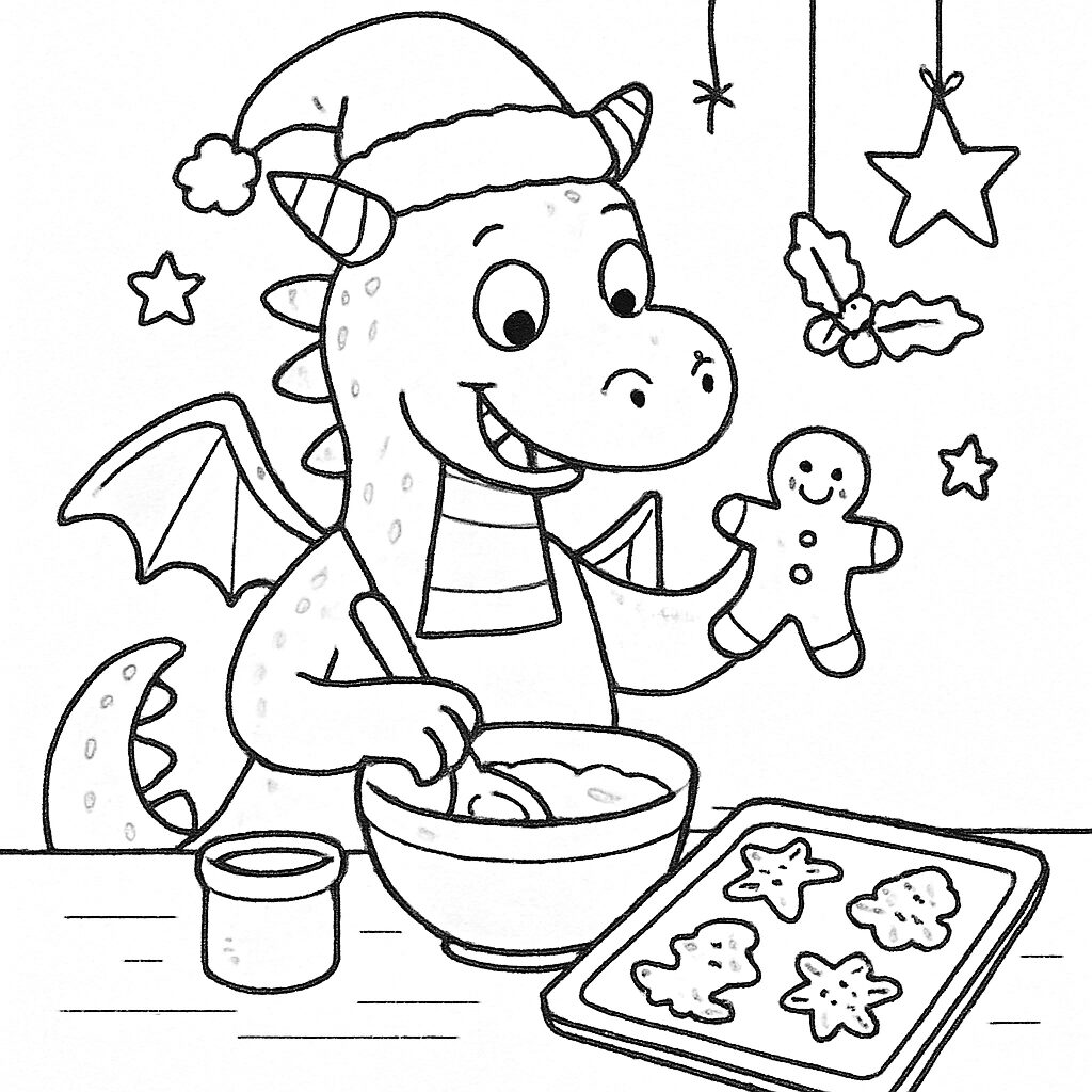 Il drago pasticcere prepara biscotti natalizi da colorare