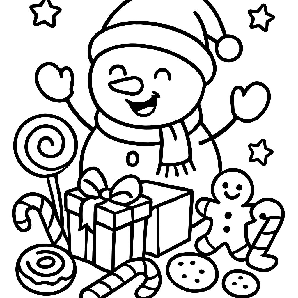 Disegno da colorare di un pupazzo di neve festoso con dolci