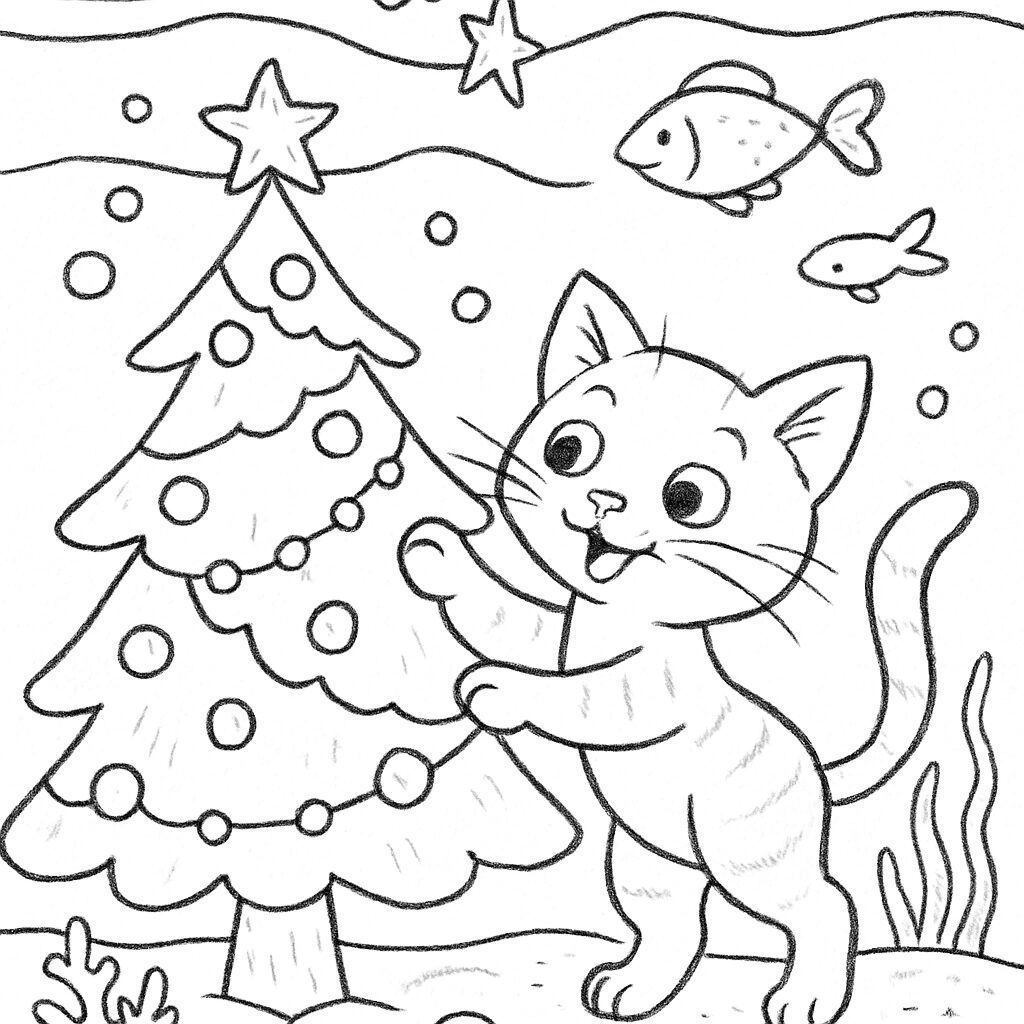 Gatto felice addobba l’albero di Natale da colorare