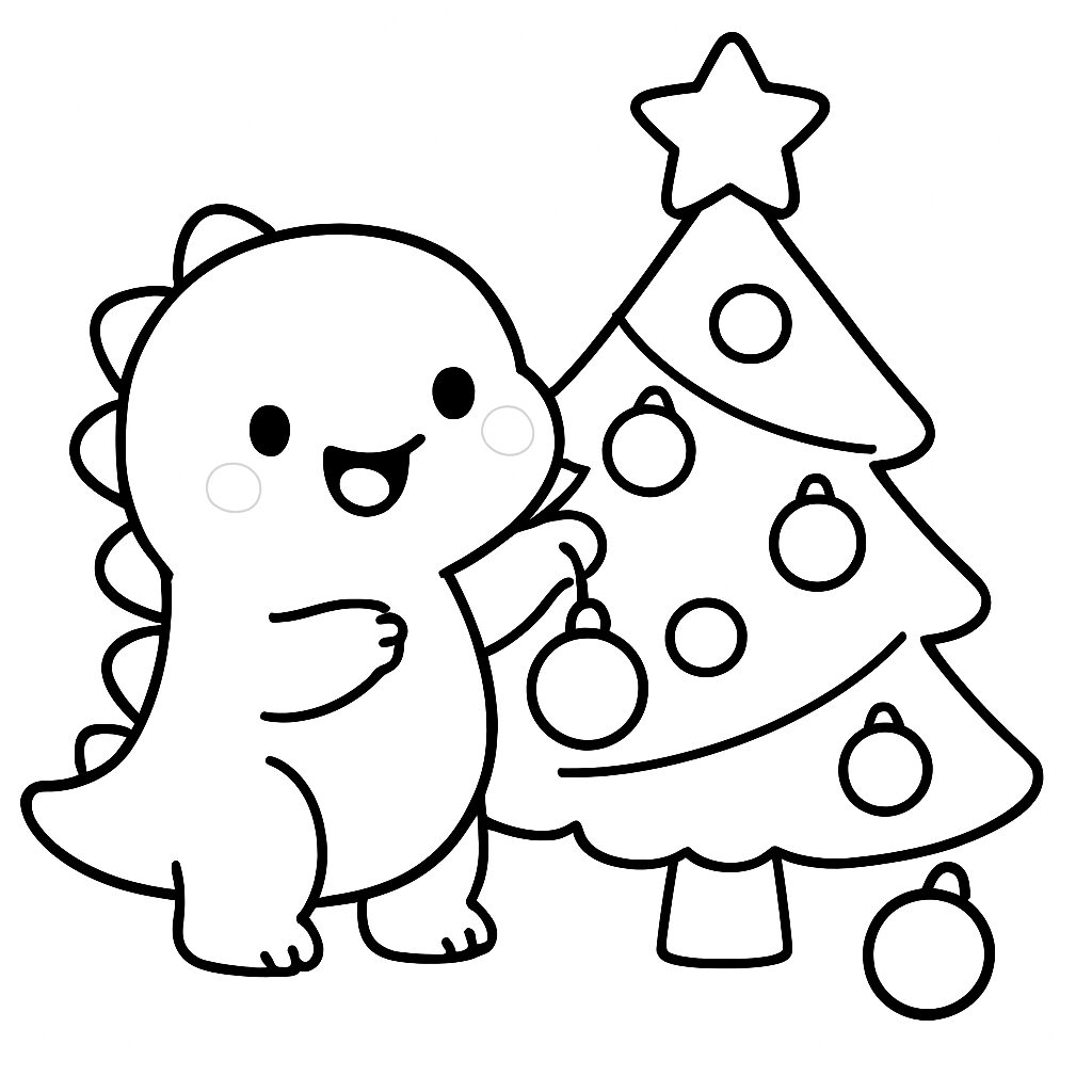 Dinosauro festoso con albero di Natale da colorare