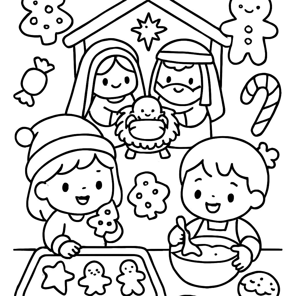 Disegno da colorare di Natale con bambini e dolcetti