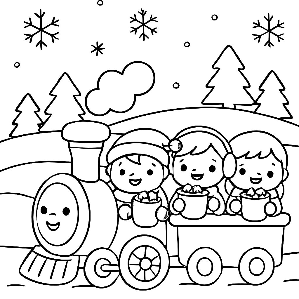 Treno invernale con bambini felici da colorare