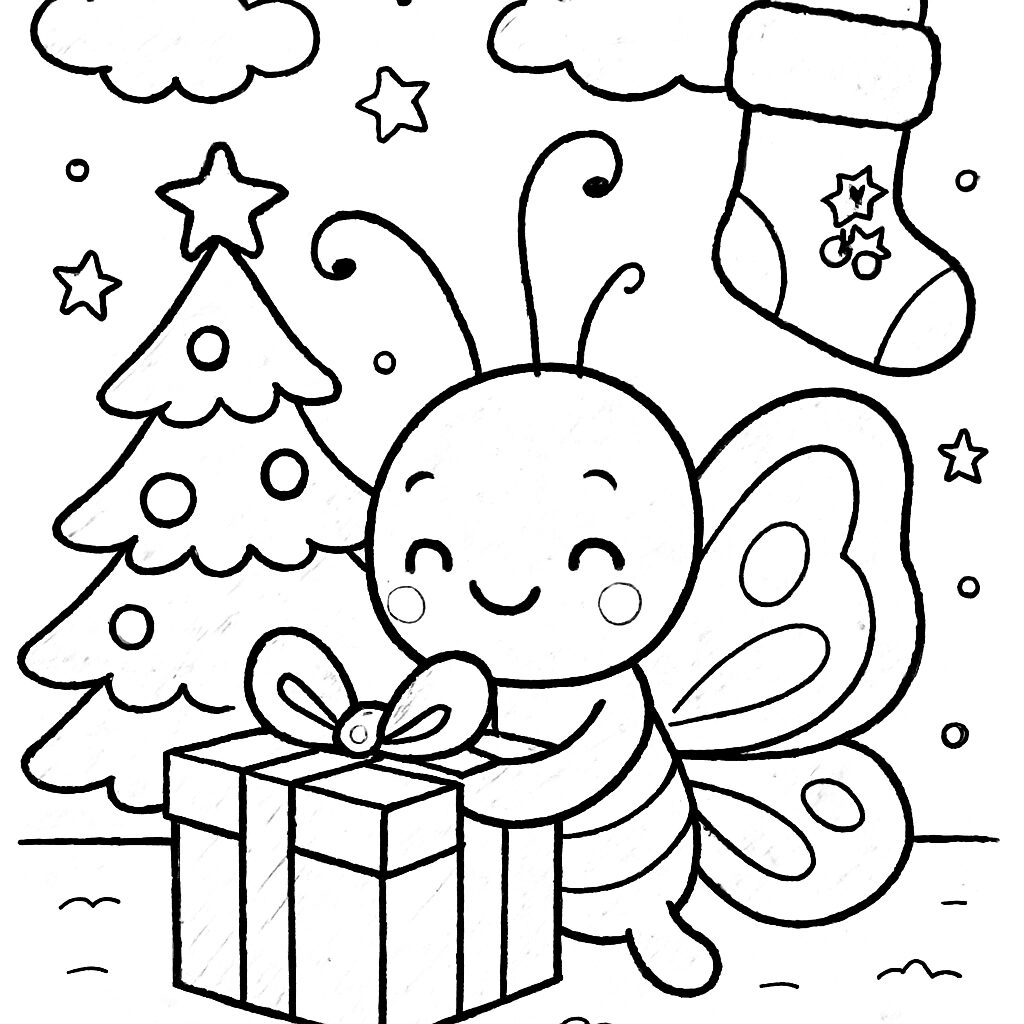 Farfalla felice con regalo sotto l’albero di Natale da colorare