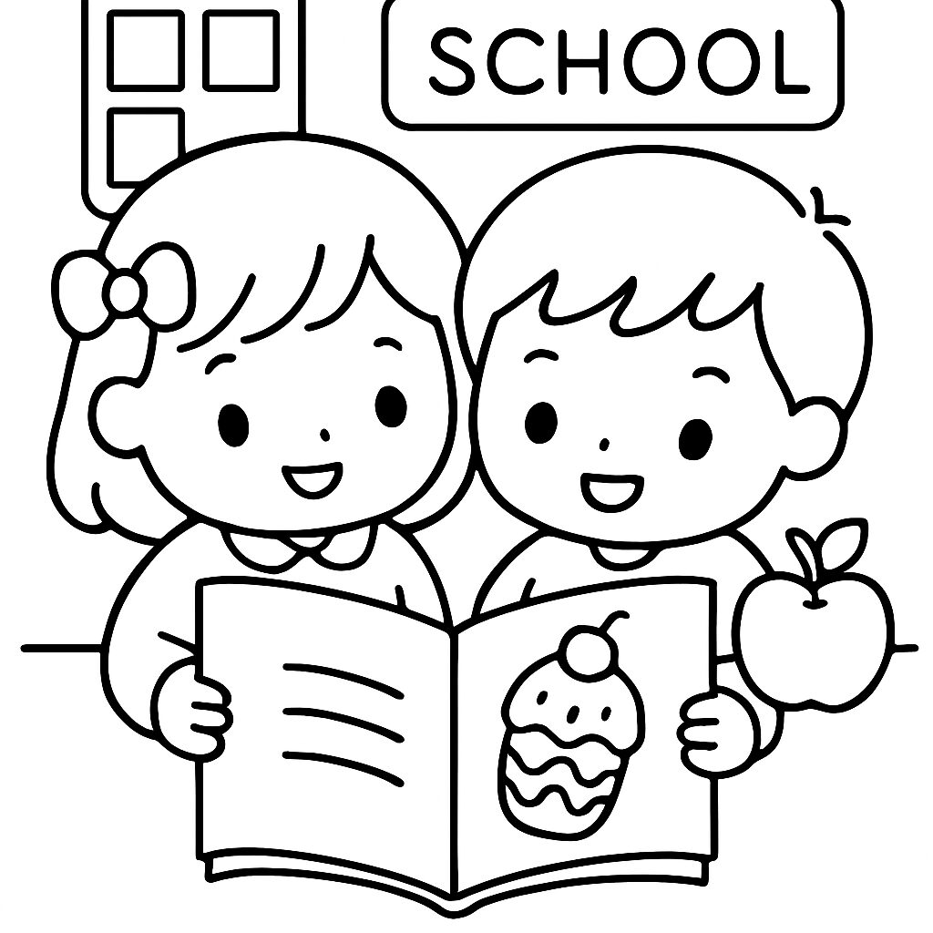 Bambini felici a scuola con un libro da colorare