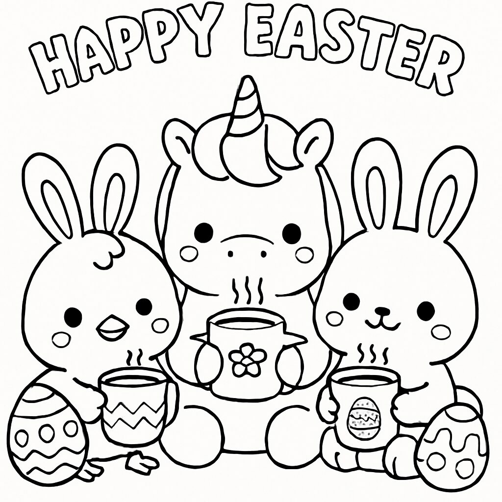 Disegno da colorare di Pasqua con conigli e unicorno