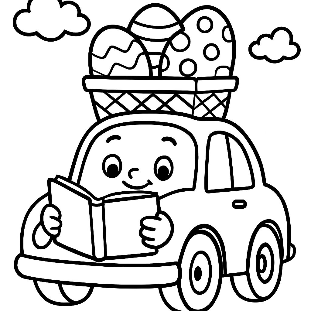 Auto con cestino di uova e bambino che legge