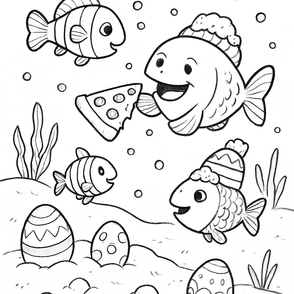 Pesci felici con pizza e uova colorate da colorare