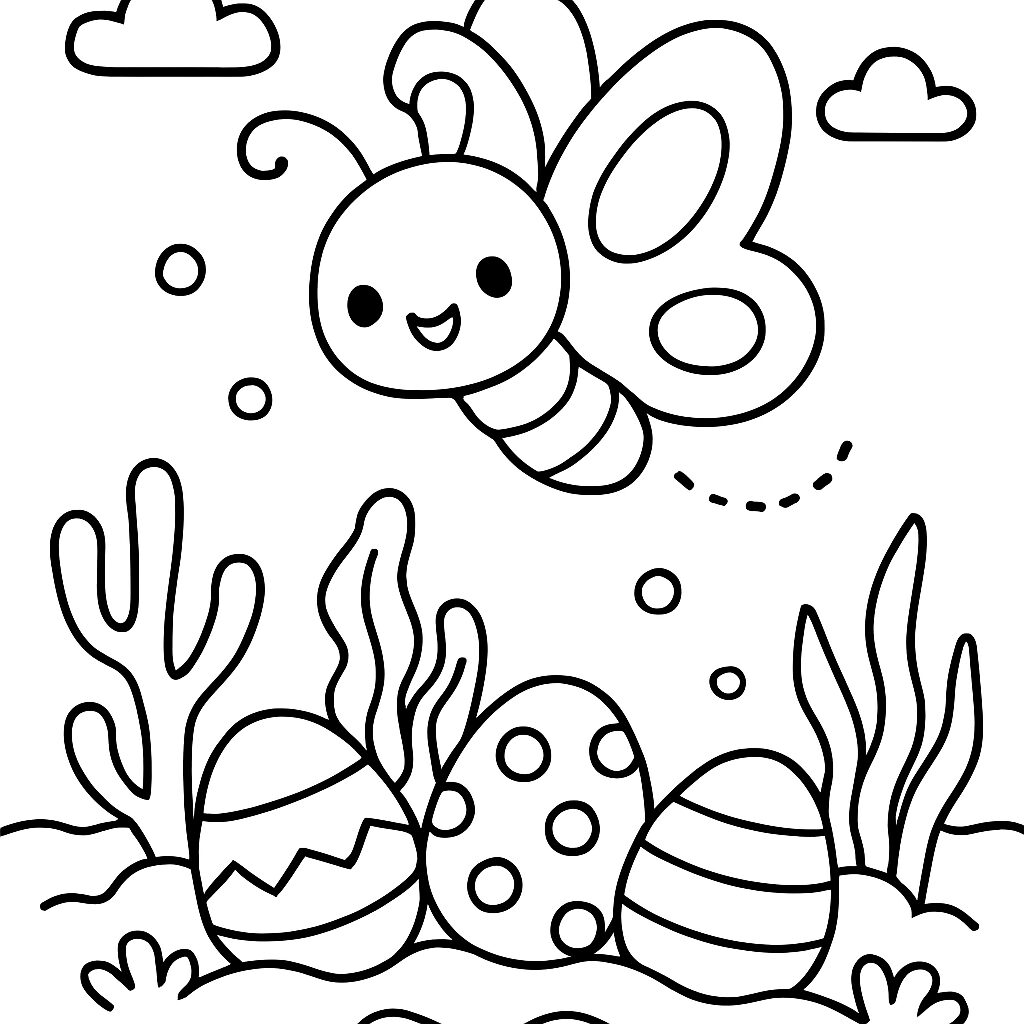 Disegno da colorare di farfalla e uova pasquali