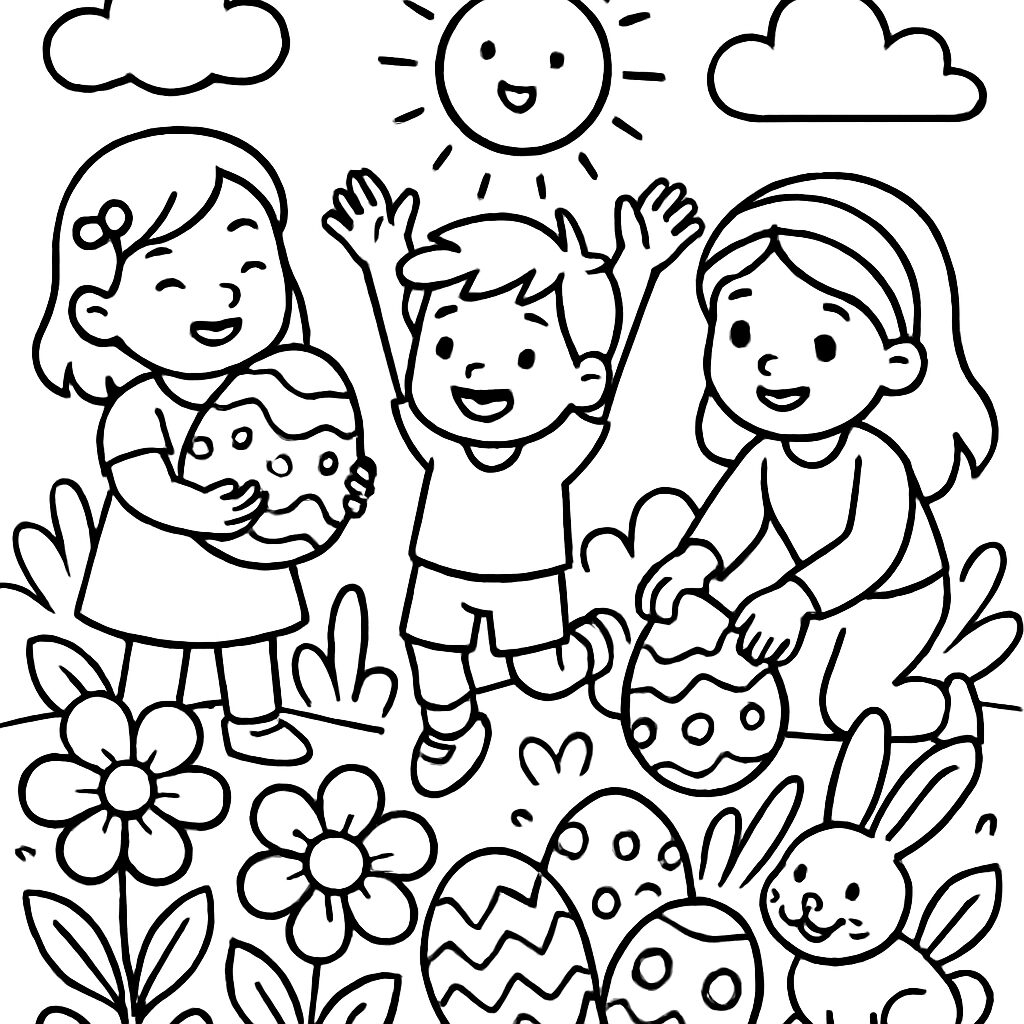 Bambini felici con uova di Pasqua da colorare