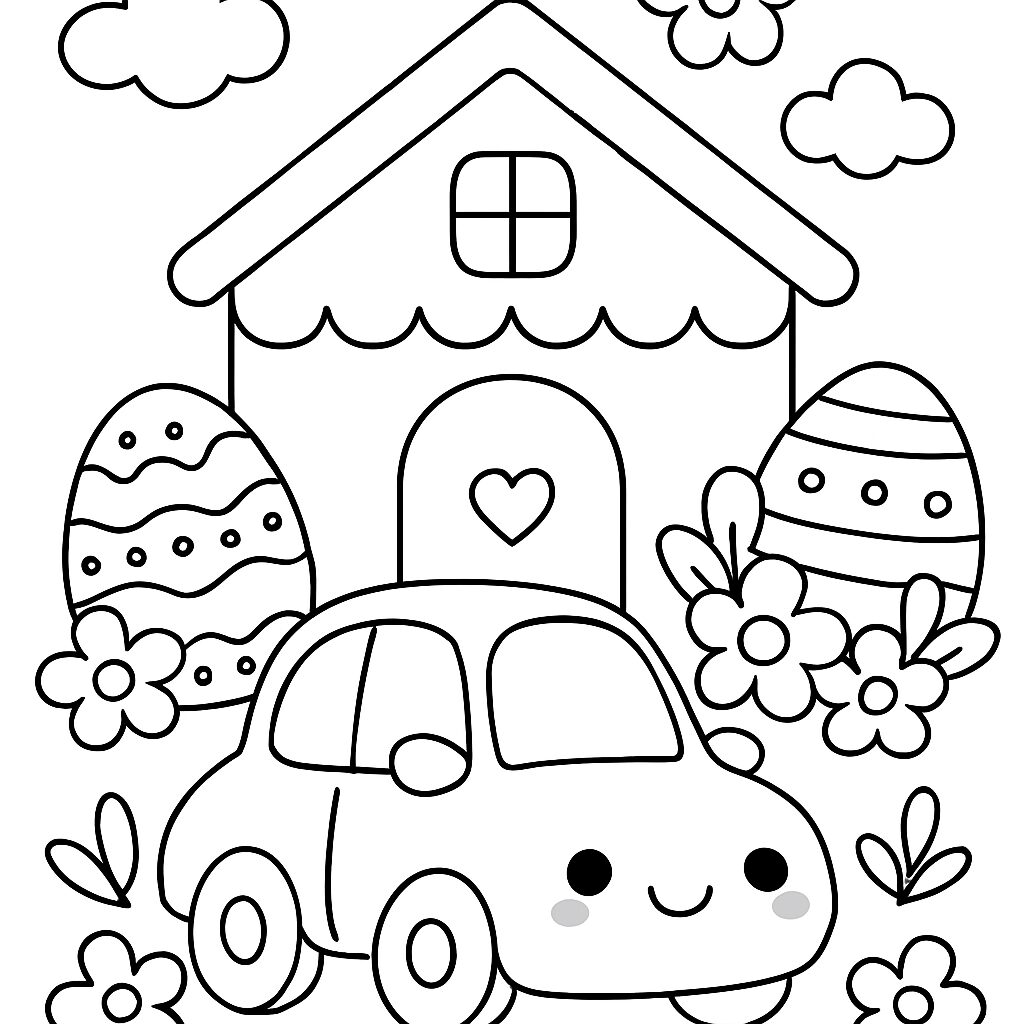 Disegno da colorare di un’auto davanti a una casa pasquale