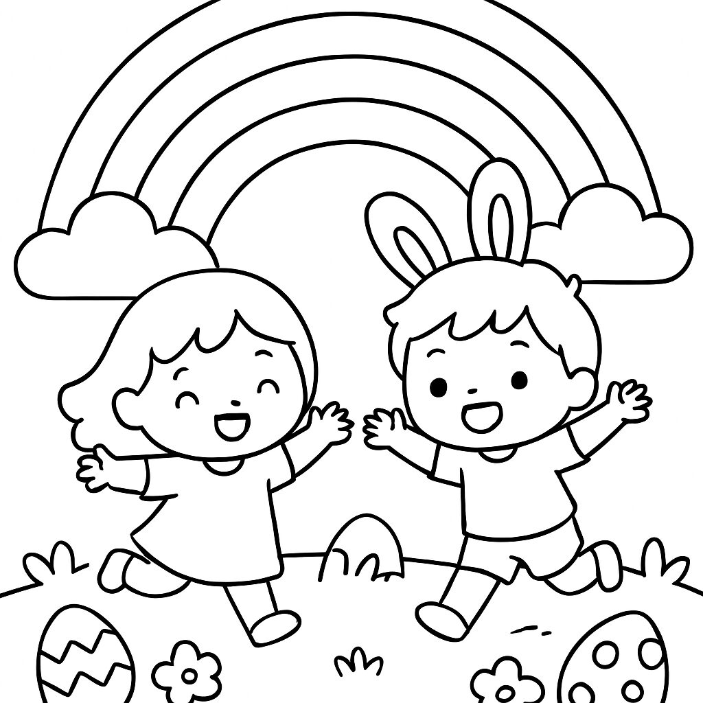 Bambini felici in un prato con arcobaleno e uova pasquali da colorare