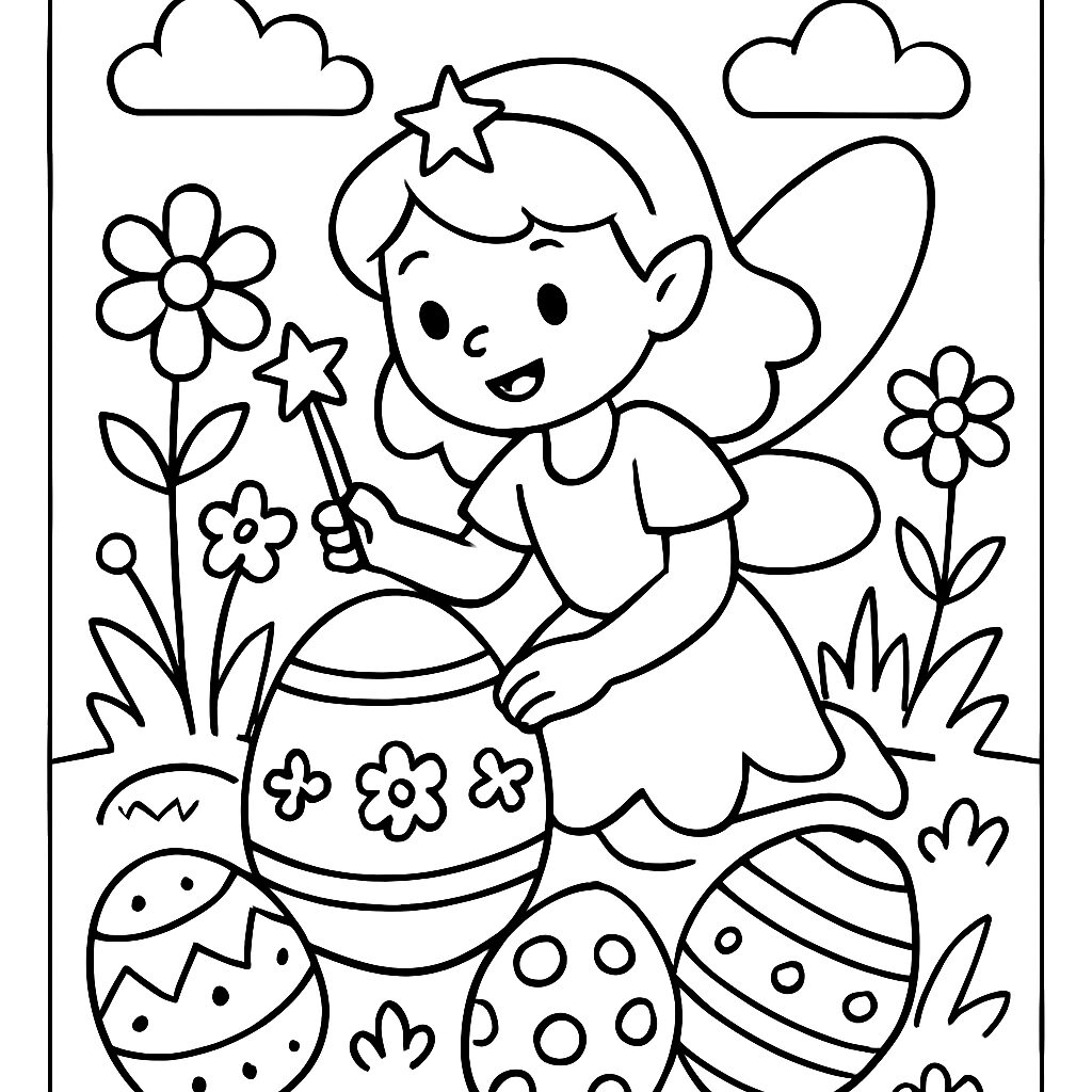 Fata che colora uova di Pasqua tra fiori e nuvole