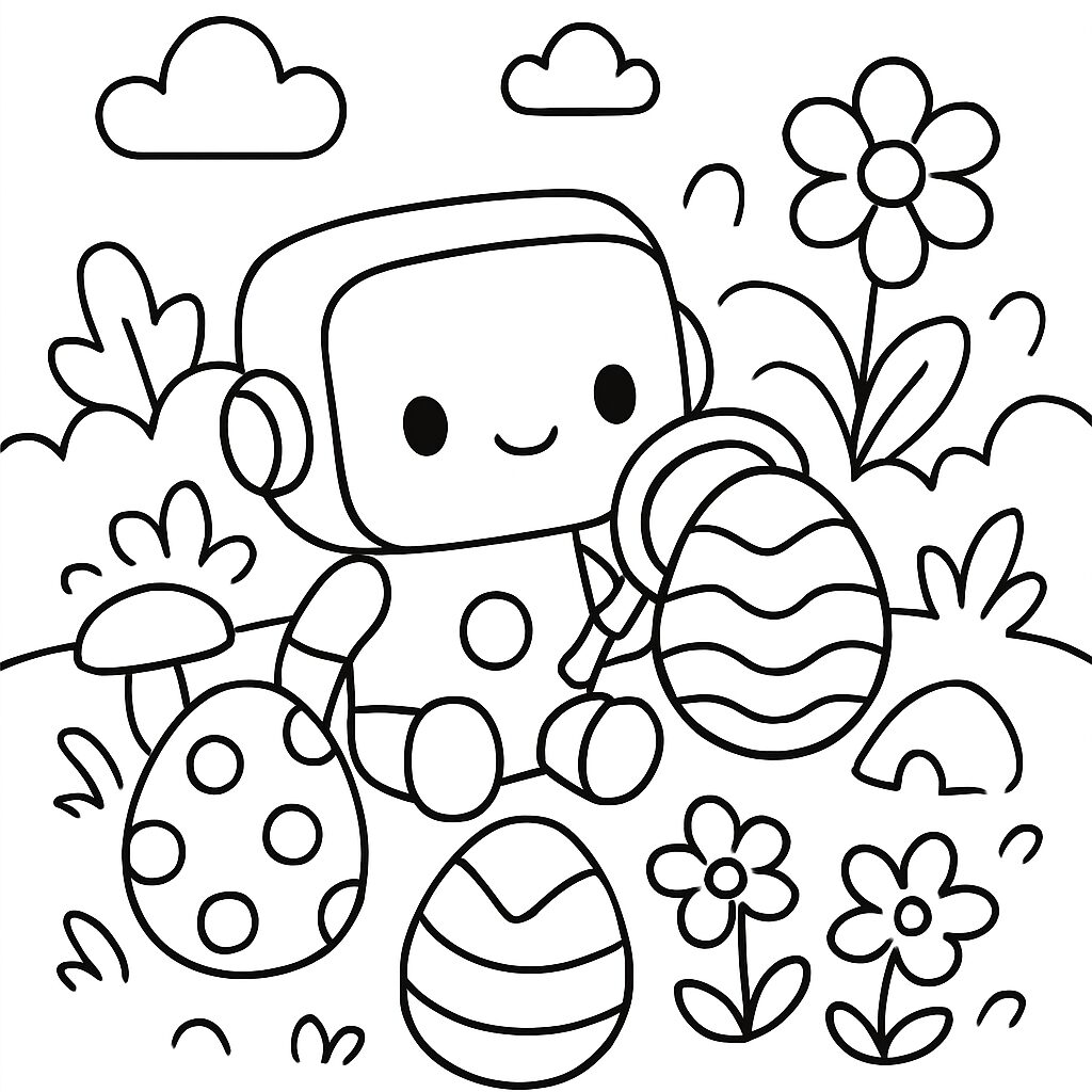 Robot che gioca con uova colorate in un prato fiorito