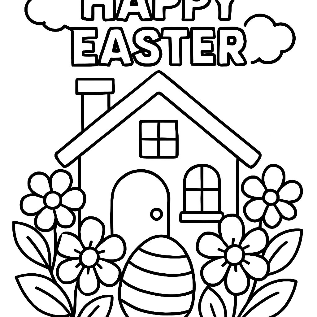 Casa di Pasqua con fiori e uovo da colorare