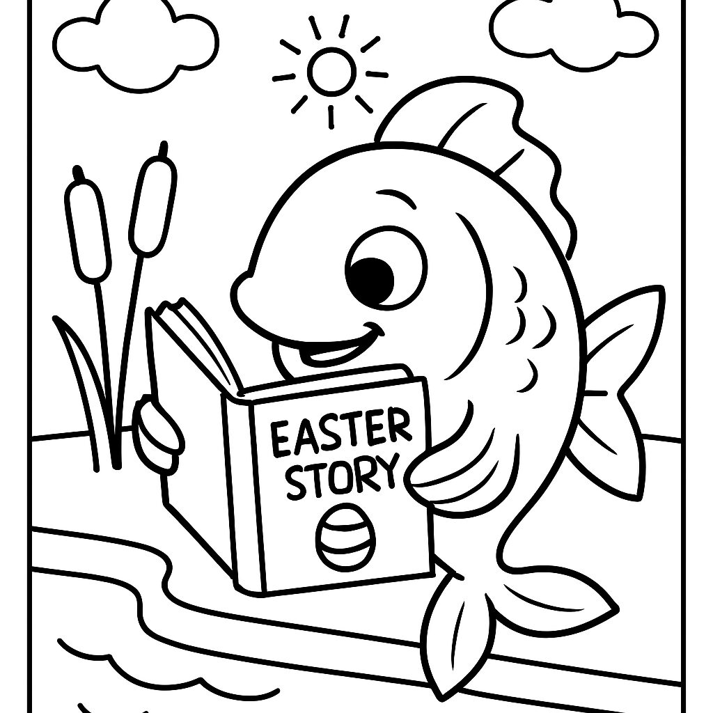 Pesce felice che legge una storia di Pasqua da colorare