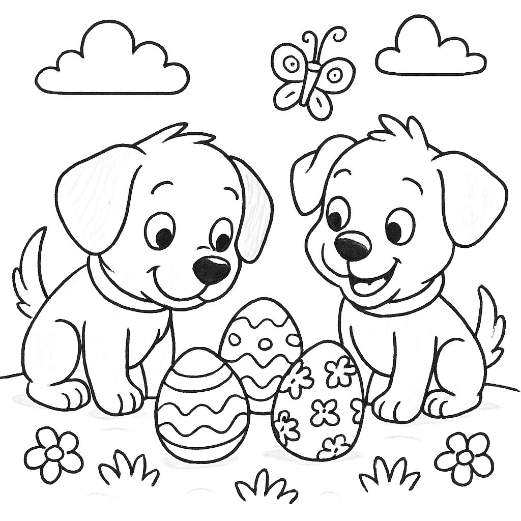 Cagnolini felici e uova decorate da colorare
