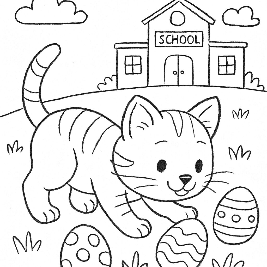 Gatto giocoso con uova di Pasqua vicino alla scuola