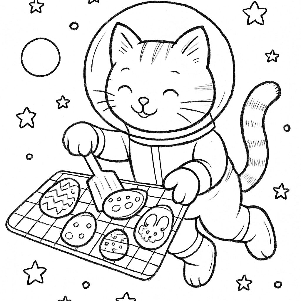 Gatto astronauta che sforna biscotti nello spazio