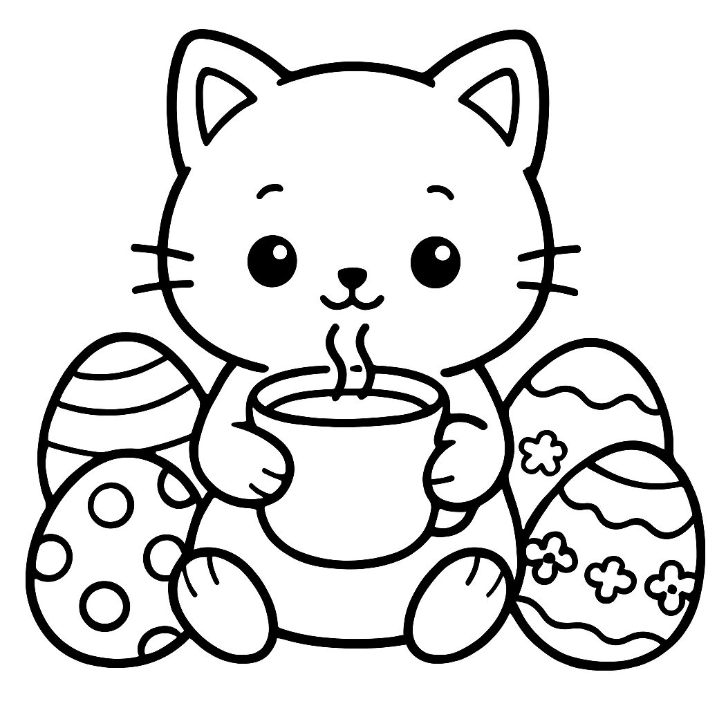 Gatto tenero con tazza e uova di Pasqua da colorare