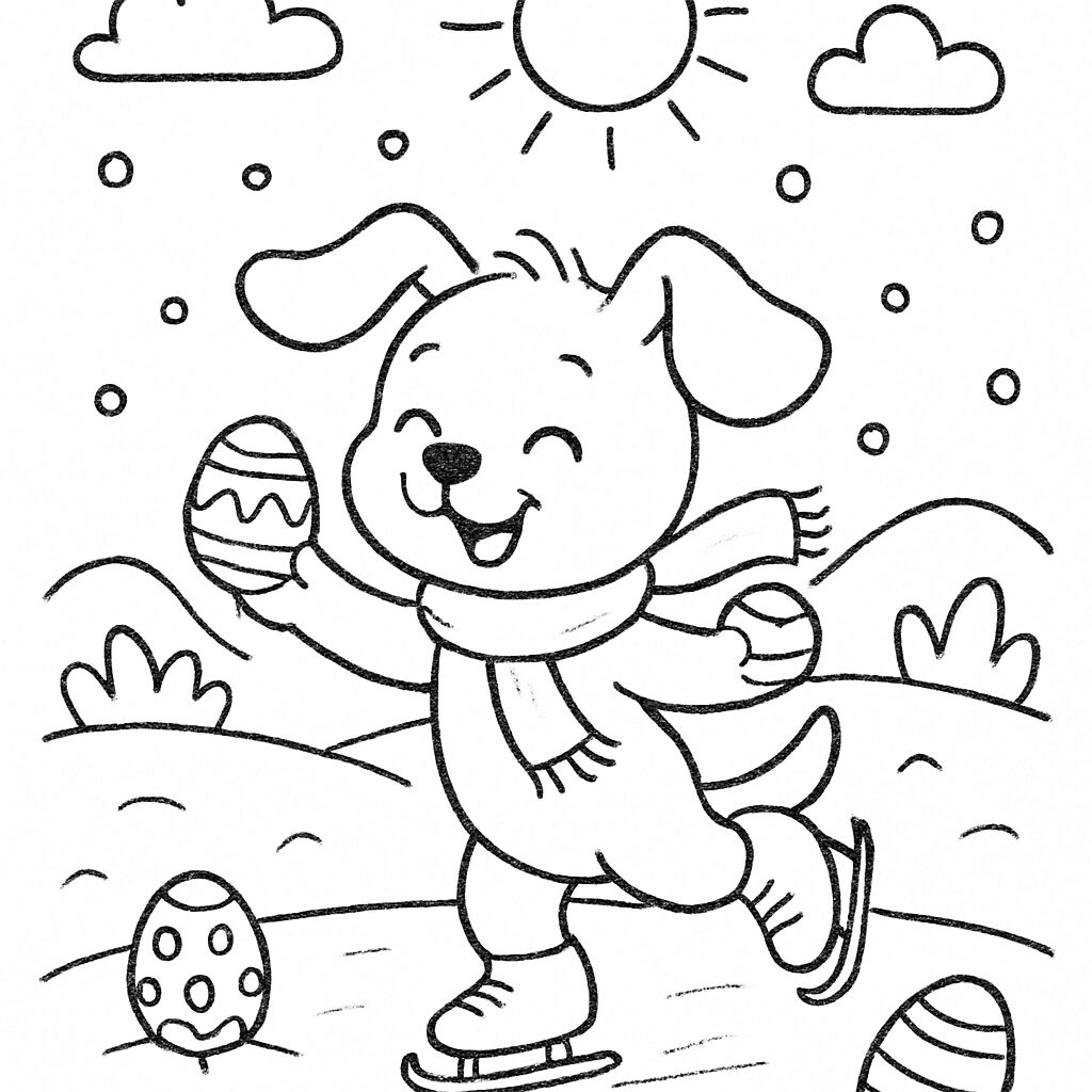Cagnolino che pattina e gioca con le uova di Pasqua da colorare