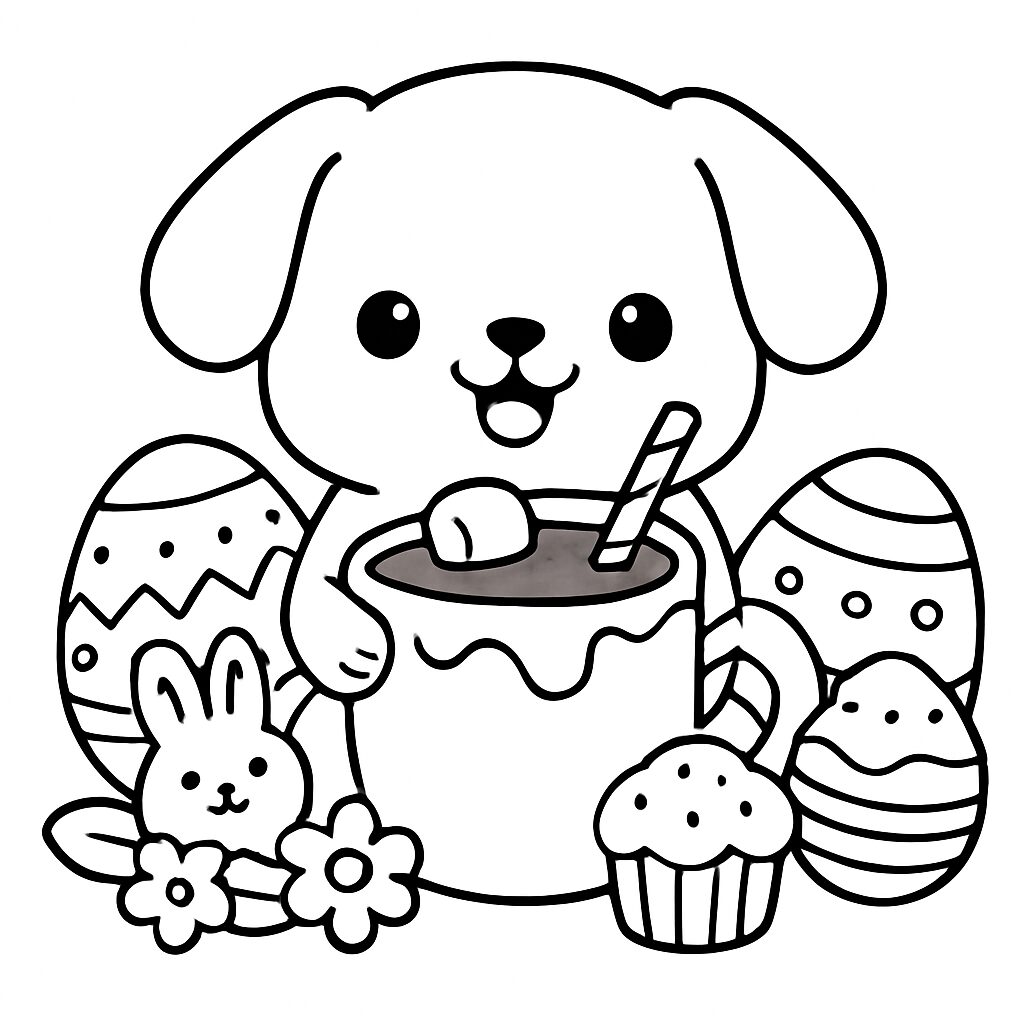 Cagnolino felice con cioccolata e uova di Pasqua da colorare