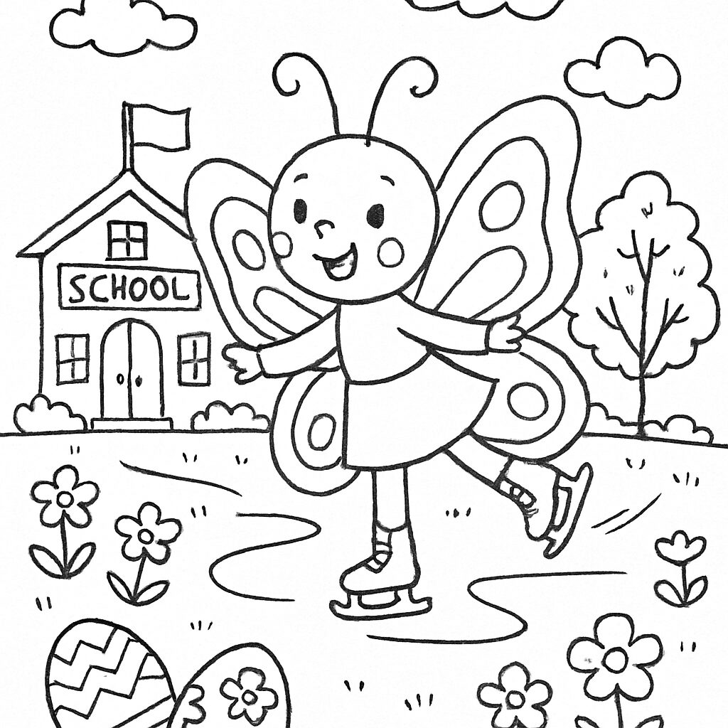 Disegno da colorare di una farfalla pattinatrice davanti alla scuola