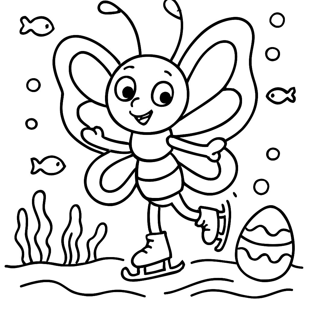 Farfalla pattinatrice tra pesci e uovo di Pasqua da colorare