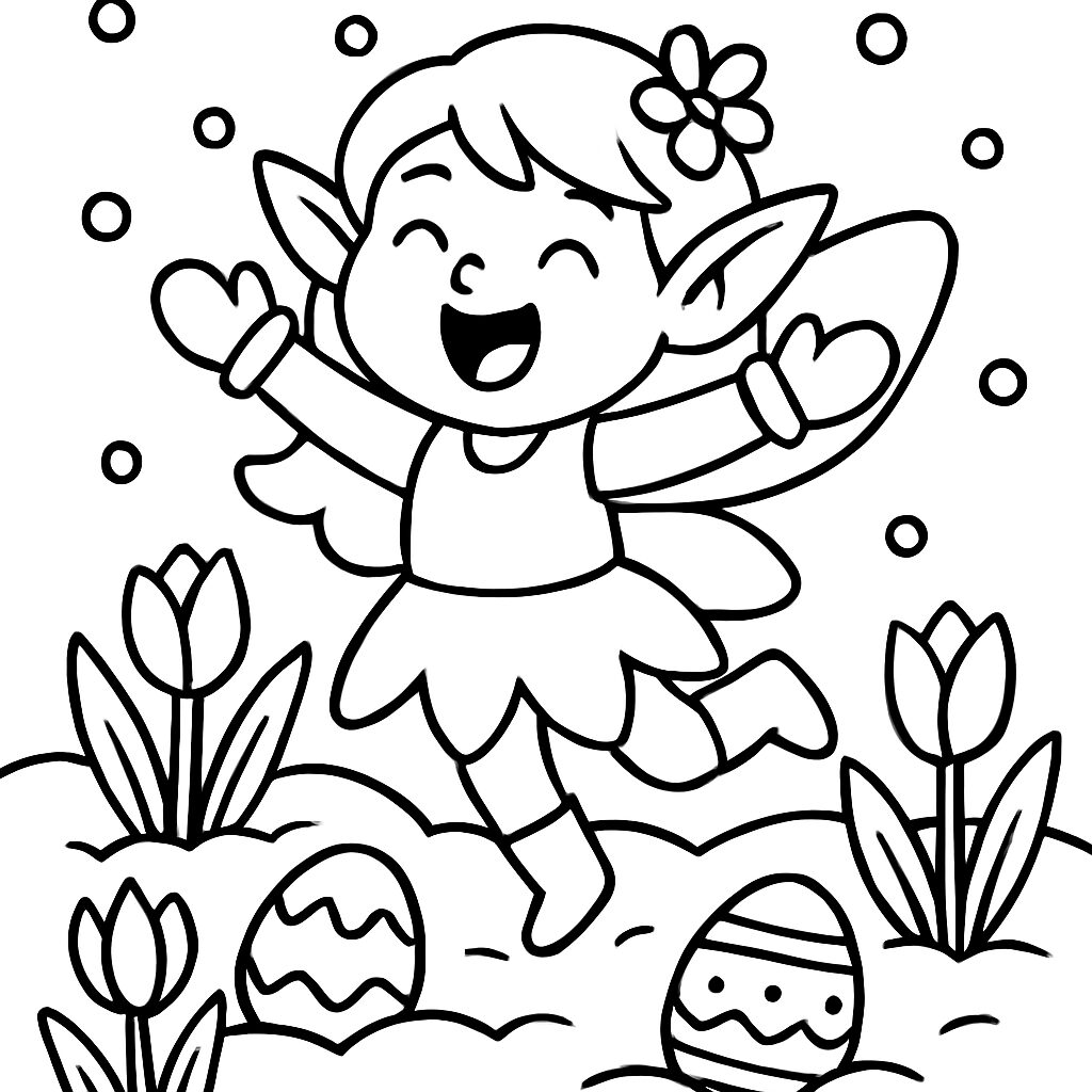 Fata felice tra fiori e uova di Pasqua da colorare
