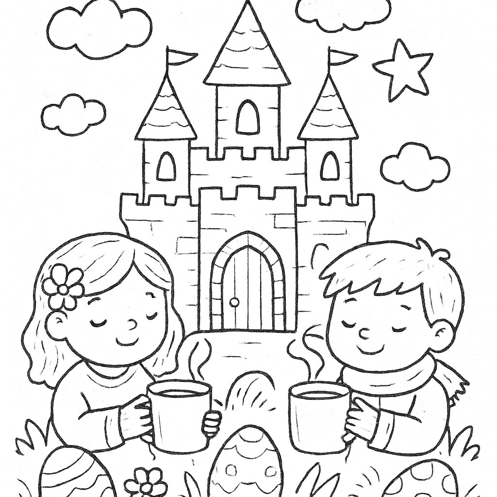 Bambini che gustano una bevanda davanti a un castello da colorare