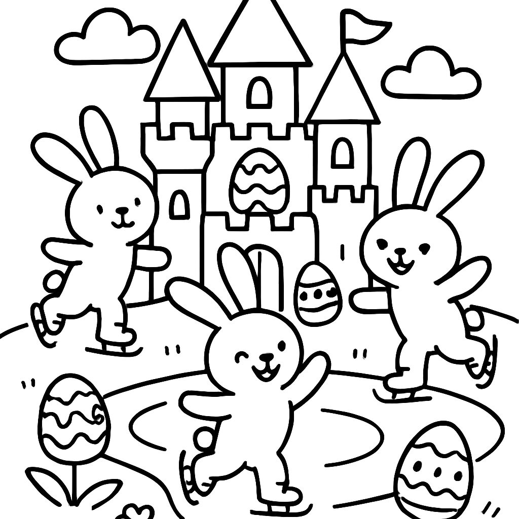 Bunny Ice Skating Near a Castle and Colorful Eggs