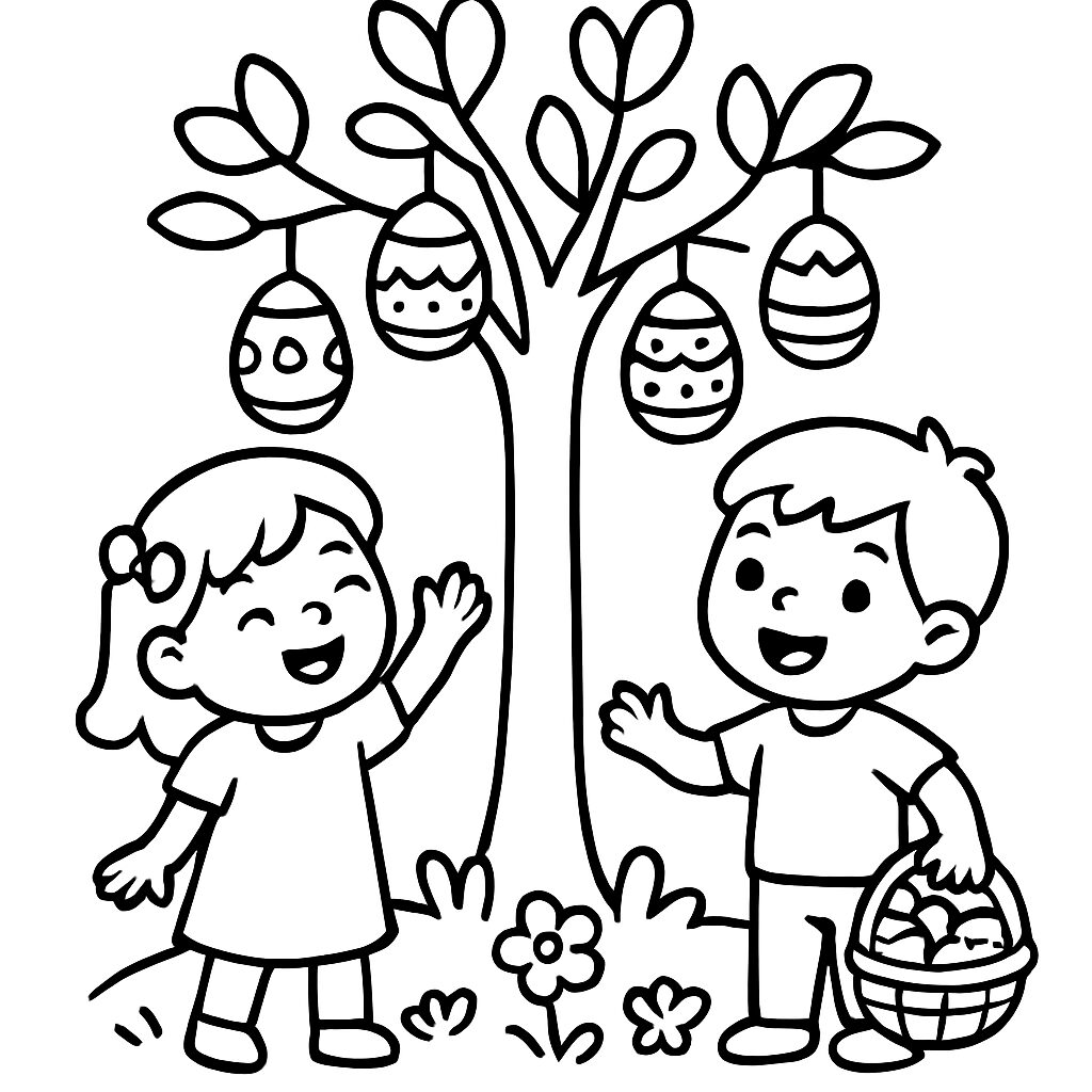 Bambini che cercano uova di Pasqua sotto un albero decorato