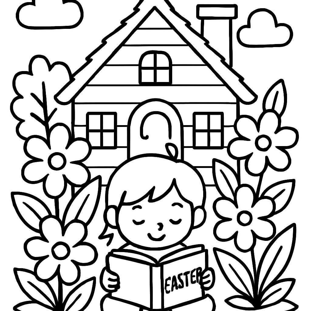 Bambino che legge un libro di Pasqua davanti a una casa