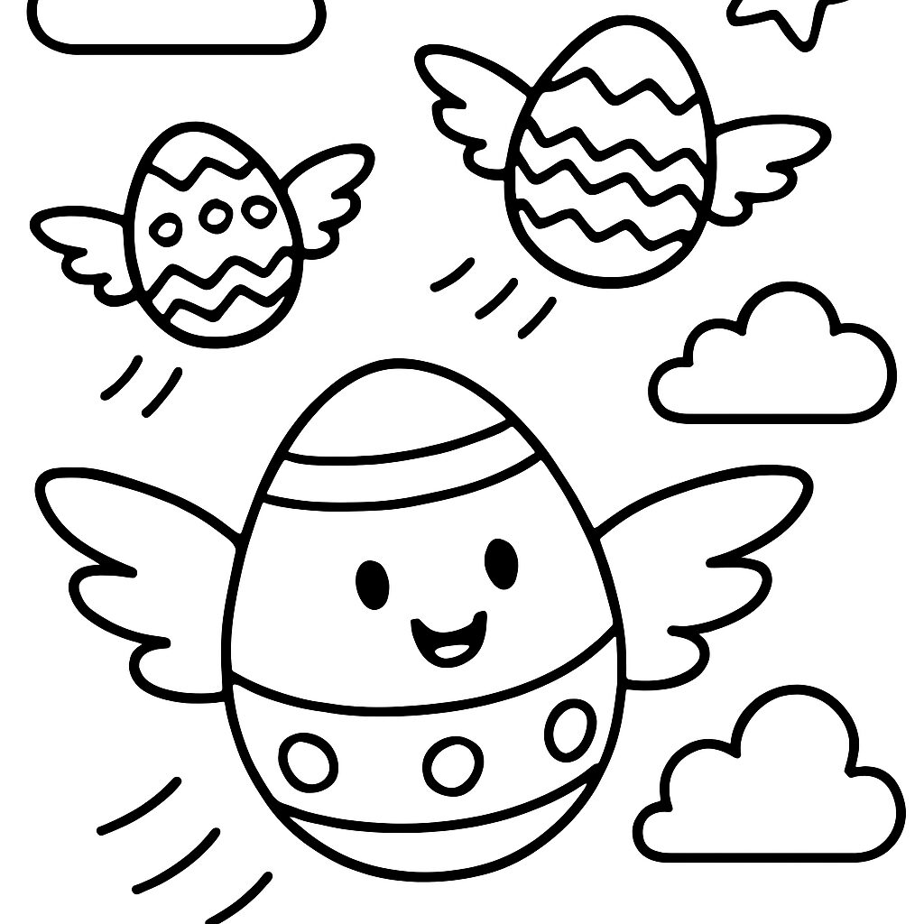 Uova di Pasqua volanti da colorare con ali e nuvole