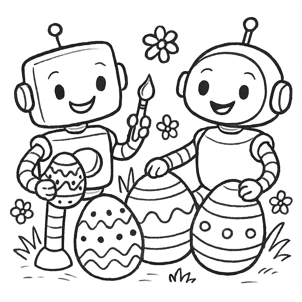 Robot amici colorano uova di Pasqua nel prato