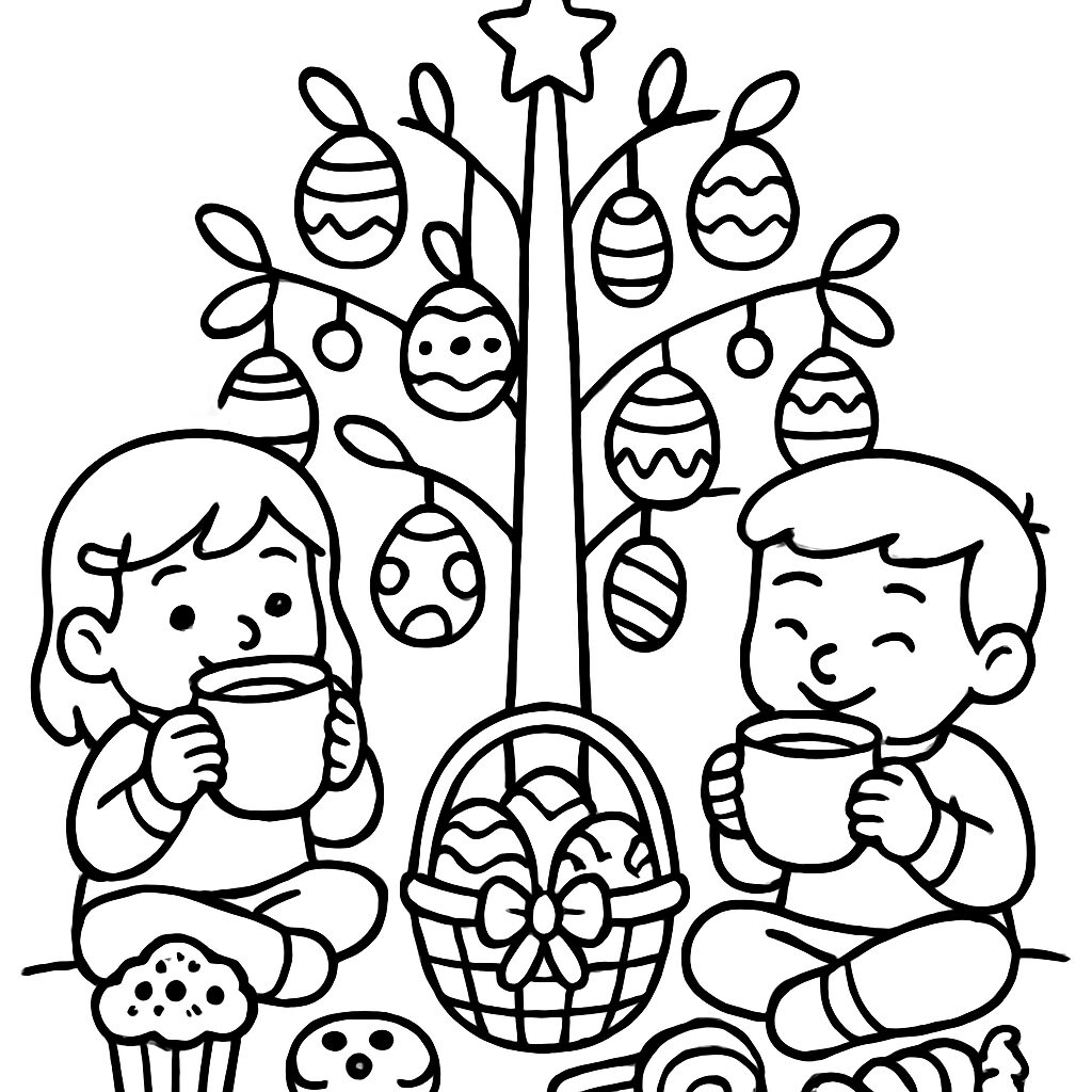 Bambini che si godono una merenda vicino all’albero di Pasqua da colorare