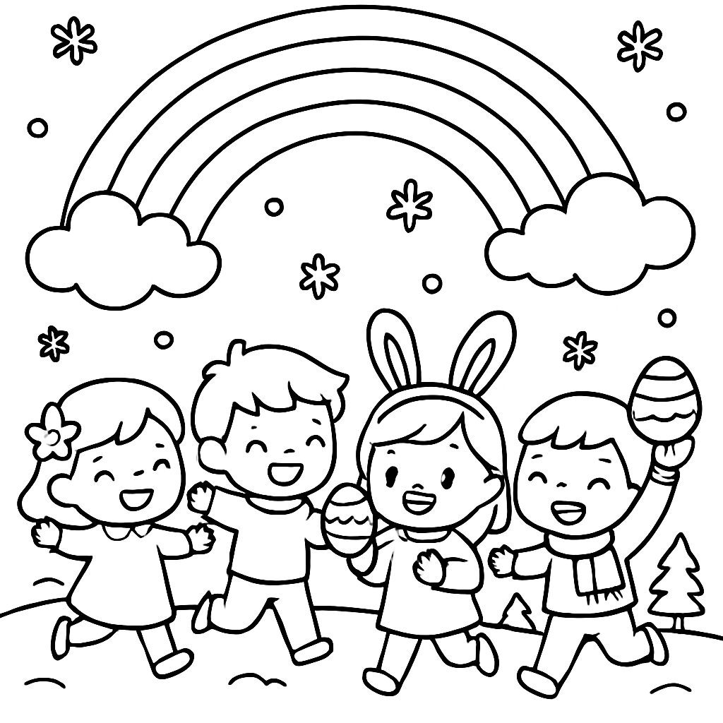 Bambini felici con uova di Pasqua sotto l’arcobaleno da colorare