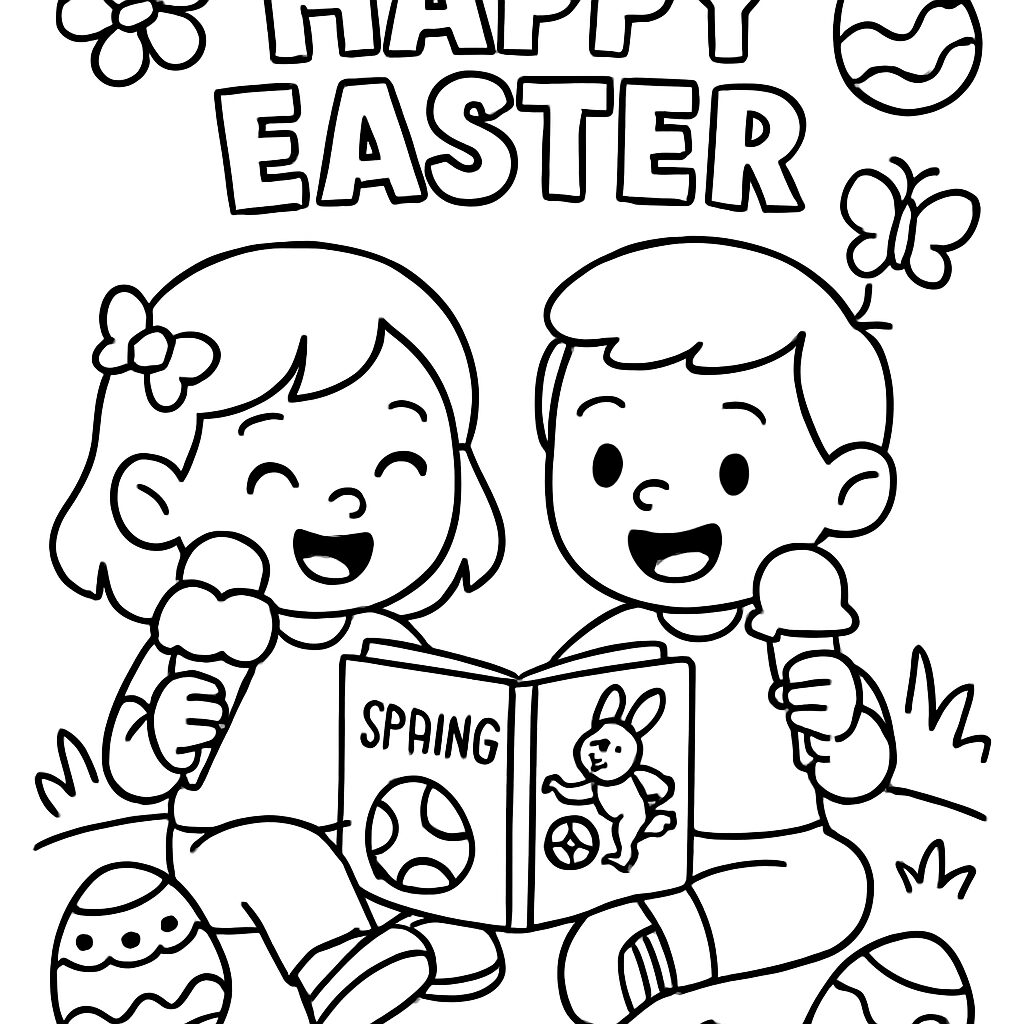Bambini felici con gelato e libro per Pasqua da colorare