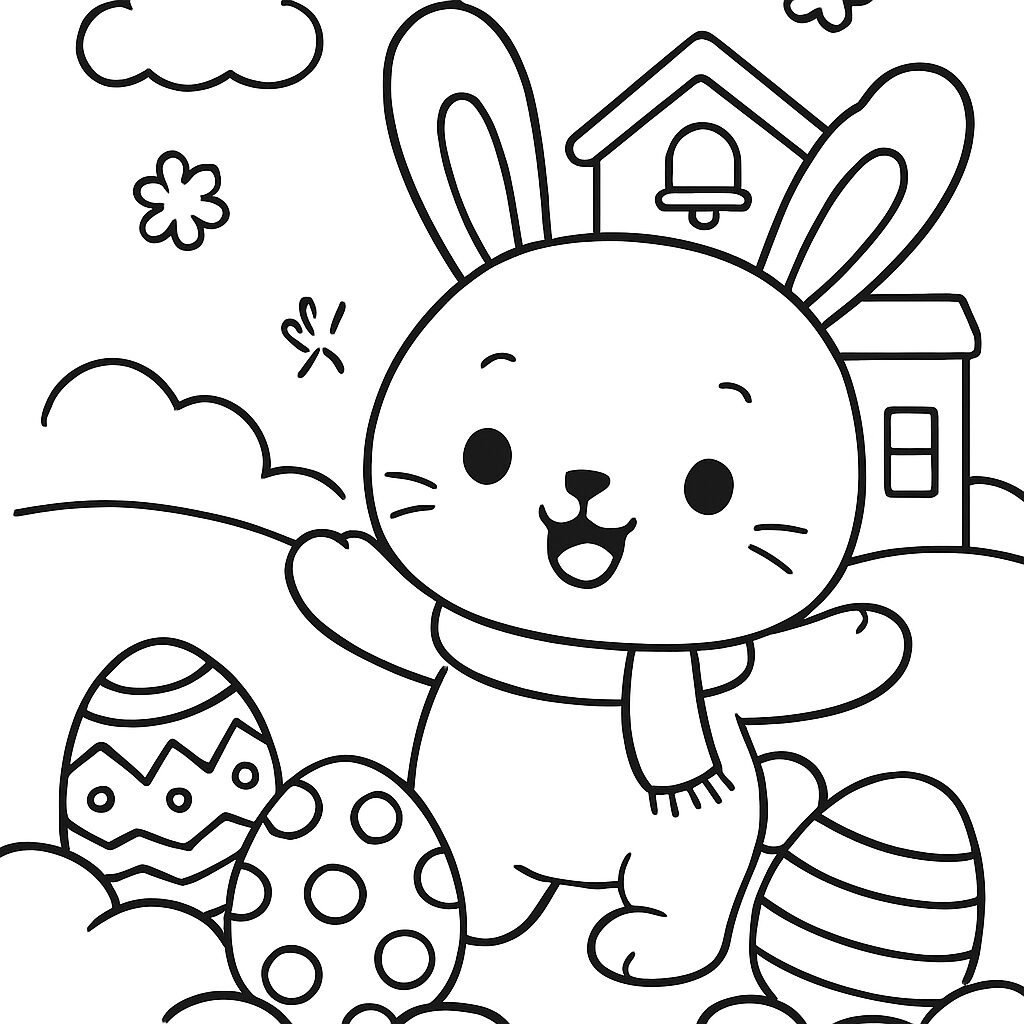 Coniglietto felice e uova di Pasqua da colorare