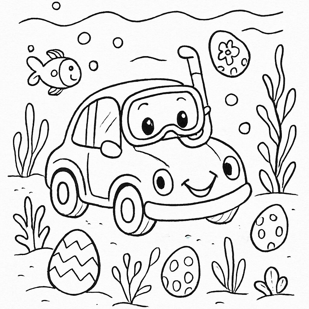 Auto subacquea con pesci e uova da colorare