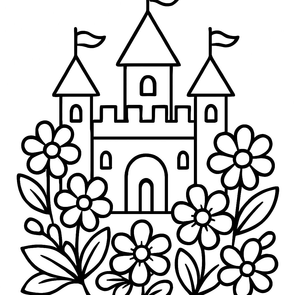 Castello incantato tra fiori da colorare