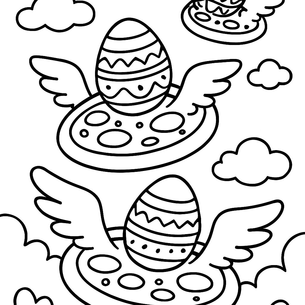 Uova pasquali volanti tra le nuvole da colorare