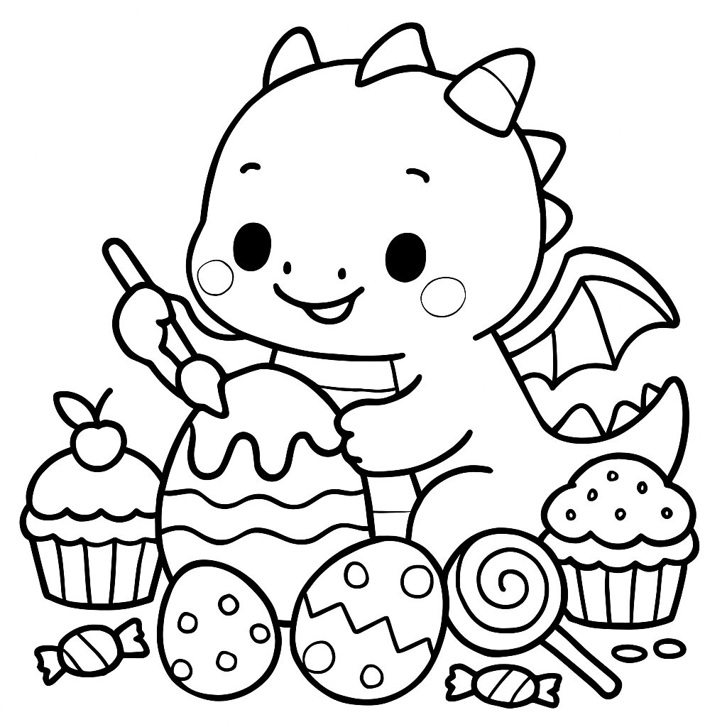Un drago felice dipinge uova di Pasqua e dolcetti da colorare
