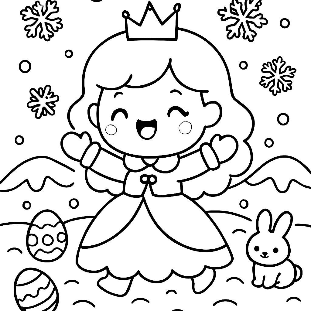 Principessa felice tra neve e uova di Pasqua da colorare