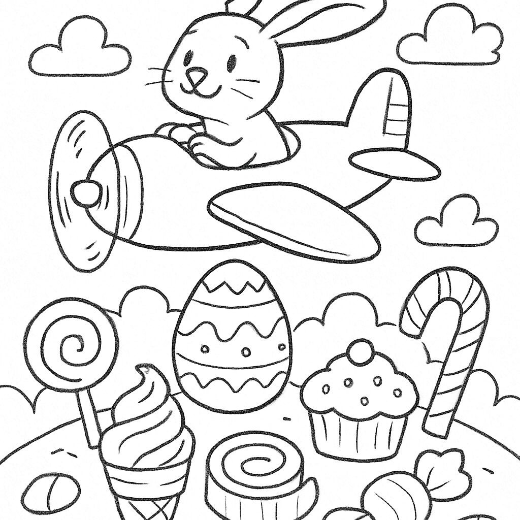 Coniglio in aereo tra dolci e uova di Pasqua da colorare