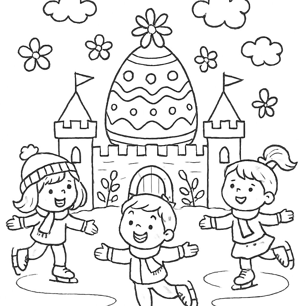Divertente disegno da colorare di bambini sul ghiaccio con uovo pasquale