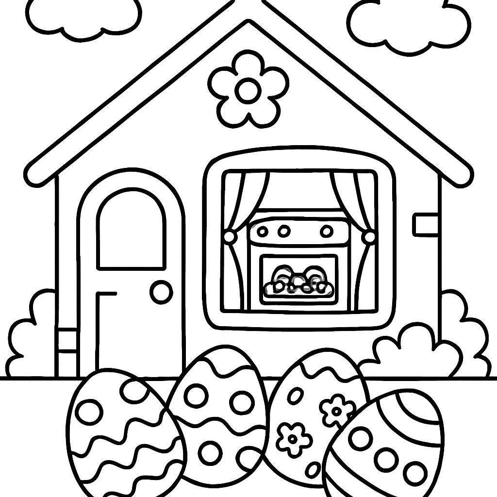 Casa accogliente con uova di Pasqua da colorare