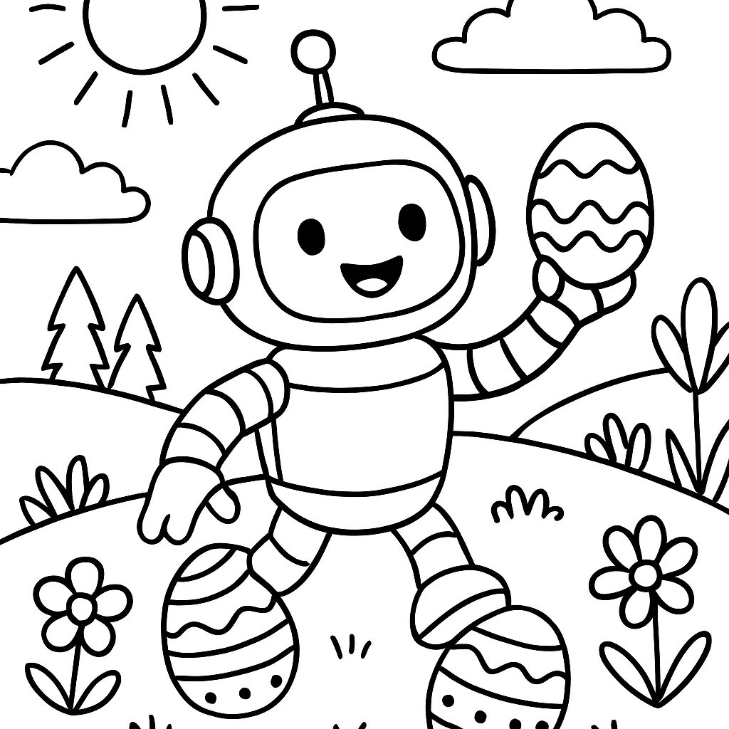 Robot felice con uovo di Pasqua da colorare